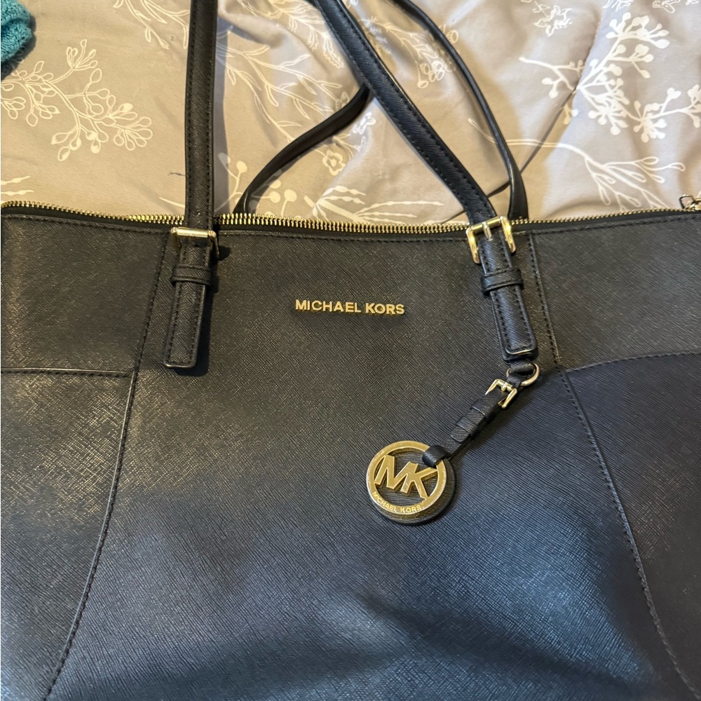 Michael Kors Black Saffiano Leather Logo Tote with Gold Hardware